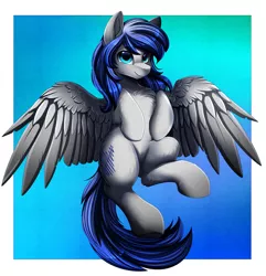 Size: 3213x3337 | Tagged: safe, artist:pridark, derpibooru import, oc, unofficial characters only, pegasus, pony, abstract background, blue eyes, chest fluff, commission, cutie mark, flying, full body, happy, high res, hooves, image, pegasus oc, png, smiling, solo, tail, wing fluff, wings