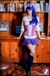 Size: 1068x1600 | Tagged: safe, artist:cosplaydeviants, derpibooru import, twilight sparkle, human, black stockings, bookshelf, clothes, cosplay, costume, image, irl, irl human, jpeg, photo, skirt, solo