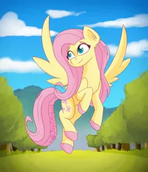 Size: 1500x1750 | Tagged: safe, artist:jaycartist, derpibooru import, fluttershy, pegasus, pony, cloud, colored hooves, cute, ear fluff, female, flying, full body, grass, hooves, image, jpeg, mare, outdoors, pink mane, pink tail, shyabetes, signature, sky, smiling, solo, spread wings, tail, tree, unshorn fetlocks, wings