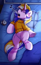 Size: 1600x2500 | Tagged: safe, artist:shadowreindeer, derpibooru import, oc, oc:marshmallow magic, unofficial characters only, pony, unicorn, alarm clock, bed, clock, clothes, commission, eyes closed, featureless crotch, high res, hooves, horn, image, jpeg, lying down, multicolored mane, multicolored tail, on back, on bed, onomatopoeia, open mouth, pillow, sleeping, solo, sound effects, tail, underhoof, unicorn oc, ych result, zzz
