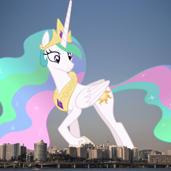 Size: 1300x1300 | Tagged: safe, artist:mattyhex, princess celestia, alicorn, pony, crown, female, giant alicorn, giant pony, giantess, giantlestia, highrise ponies, image, irl, jewelry, macro, mare, mega celestia, mega giant, photo, png, ponies in real life, regalia, seoul, south korea