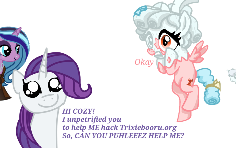 Size: 4000x2500 | Tagged: safe, artist:aonatsu_ki, derpibooru import, edit, idw, vector edit, cozy glow, radiant hope, rarity, twinkleshine, pegasus, pony, unicorn, comic:insane filly rarity, the ending of the end, black lipstick, bow, cape, clothes, cobble glow, cute, cute face, dyed mane, exclamation point, eyeshadow, female, filly, filly rarity, hair bow, horn, idw showified, image, lidded eyes, lipstick, makeup, mare, nose piercing, okay, petrification, piercing, png, pure concentrated unfiltered evil of the utmost potency, pure unfiltered evil, question mark, raribetes, simple background, small wings, spread wings, spying, stone, text, transparent background, unpetrification, vector, wide eyes, wings, younger