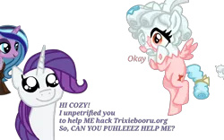 Size: 4000x2500 | Tagged: safe, artist:aonatsu_ki, derpibooru import, edit, idw, vector edit, cozy glow, radiant hope, rarity, twinkleshine, pegasus, pony, unicorn, comic:insane filly rarity, the ending of the end, black lipstick, bow, cape, clothes, cobble glow, cute, cute face, dyed mane, exclamation point, eyeshadow, female, filly, filly rarity, hair bow, horn, idw showified, image, lidded eyes, lipstick, makeup, mare, nose piercing, okay, petrification, piercing, png, pure concentrated unfiltered evil of the utmost potency, pure unfiltered evil, question mark, raribetes, simple background, small wings, spread wings, spying, stone, text, transparent background, unpetrification, vector, wide eyes, wings, younger