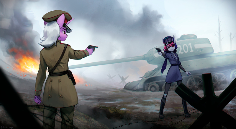 Size: 2500x1364 | Tagged: safe, artist:mrscroup, derpibooru import, tank, oc, oc:galaxy rose, unofficial characters only, anthro, unicorn, barbed wire, battlefield, clothes, commission, cyrillic, female, fire, gun, handgun, hat, image, jpeg, looking at each other, looking at someone, military uniform, pistol, russian, standing, t-34, tank (vehicle), uniform, weapon, world war ii