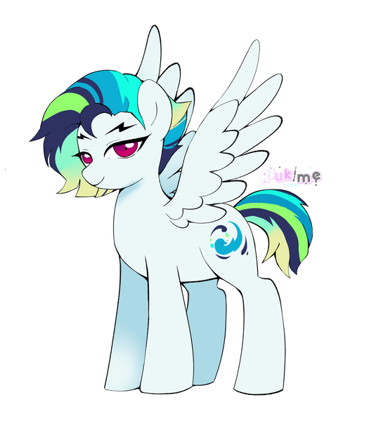 Size: 1656x1891 | Tagged: safe, artist:riukime, derpibooru import, oc, unofficial characters only, pegasus, pony, full body, hooves, image, multicolored mane, multicolored tail, offspring, parent:rainbow dash, parent:soarin', parents:soarindash, pegasus oc, png, signature, simple background, smiling, solo, spread wings, standing, tail, white background, wings