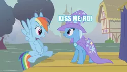 Size: 1280x720 | Tagged: safe, derpibooru import, edit, edited screencap, screencap, rainbow dash, trixie, pegasus, pony, unicorn, boast busters, duo, duo female, female, image, implied kissing, implied lesbian, implied shipping, implied trixdash, jpeg, mare, open mouth, ponyville