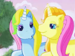 Size: 615x458 | Tagged: safe, derpibooru import, screencap, brights brightly, whistle wishes, pony, unicorn, the runaway rainbow, :o, adorabrights, cute, dexterous hooves, duo, error, faic, female, g3, g3 whistlebetes, image, lidded eyes, mare, multicolored hair, multicolored mane, o, o mouth, open mouth, outdoors, png, smiling, talking, tree, unicornia