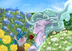 Size: 1024x717 | Tagged: safe, artist:miyalaflordorada, derpibooru import, mistmane, stygian, pony, unicorn, blushing, duo, eyebrows, eyebrows visible through hair, eyes closed, female, flower, flower in mouth, garden, image, jpeg, male, mare, mistian, mouth hold, rose, rose in mouth, shipping, size difference, smiling, stallion, straight, wavy mouth