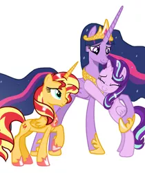 Size: 2153x2563 | Tagged: artist needed, source needed, safe, derpibooru import, princess twilight 2.0, starlight glimmer, sunset shimmer, twilight sparkle, twilight sparkle (alicorn), alicorn, pony, the last problem, alicornified, alternate ending, alternate universe, base used, bipedal, clothes, crown, ethereal mane, eyes closed, female, folded wings, hoof shoes, horn, hug, image, jewelry, long horn, older, older sunset, older twilight, older twilight sparkle (alicorn), png, race swap, regalia, shimmercorn, shoes, simple background, starlicorn, trio, white background, wings, xk-class end-of-the-world scenario
