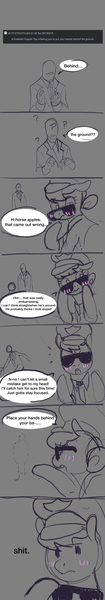 Size: 1680x9600 | Tagged: safe, artist:anonymous, ponerpics import, copper top, oc, oc:anon, earth pony, pony, blushing, comic, confused, drawthread, embarrassed, escape, glasses, hat, image, jpeg, monochrome