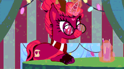 Size: 1280x720 | Tagged: safe, artist:sanekk, derpibooru import, oc, oc:venus red heart, unofficial characters only, pony, unicorn, animated, clothes, commission, drinking, drinking straw, fake antlers, female, gif, glass, glasses, glow, glowing horn, horn, image, levitation, magic, mare, markings, scarf, snow, snowfall, solo, telekinesis, unshorn fetlocks, winter, ych result