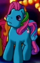 Size: 331x519 | Tagged: safe, derpibooru import, screencap, apple spice, rainbow dash, rainbow dash (g3), earth pony, pony, a very minty christmas, christmas, christmas tree, cropped, cute, female, frown, g3, g3 dashabetes, holiday, image, mare, night, offscreen character, png, rainbow dash is not amused, solo, solo focus, tree, unamused