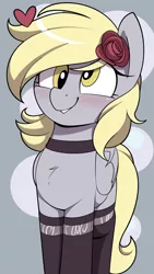 Size: 1222x2172 | Tagged: safe, artist:shinodage, edit, editor:unofficial edits thread, derpy hooves, pegasus, pony, blushing, choker, clothes, cutie mark background, female, flower, flower in hair, heart, image, mare, png, rose, smiling, socks, solo, stockings, thigh highs, wings