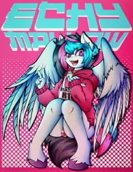 Size: 3186x4096 | Tagged: suggestive, artist:canvymamamoo, derpibooru import, oc, oc:echy, anthro, pegasus, unguligrade anthro, abstract background, blushing, clothes, eyebrows, eyebrows visible through hair, fangs, freckles, hoodie, image, jpeg, lidded eyes, male, open mouth, peace sign, sitting, smiling, solo, solo male, striped underwear, underwear, unshorn fetlocks
