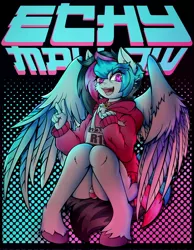 Size: 3186x4096 | Tagged: suggestive, alternate version, artist:canvymamamoo, derpibooru import, oc, oc:echy, anthro, pegasus, unguligrade anthro, abstract background, blushing, clothes, eyebrows, eyebrows visible through hair, fangs, freckles, hoodie, image, jpeg, lidded eyes, male, open mouth, peace sign, sitting, smiling, solo, solo male, striped underwear, underwear, unshorn fetlocks