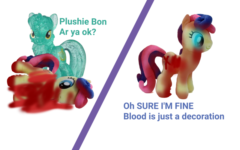 Size: 4000x2500 | Tagged: grimdark, derpibooru import, bon bon, lyra heartstrings, sweetie drops, pony, unicorn, comic:insane filly rarity, duo, duo female, female, glow, glowing eyes, image, irl, irl toy, looking at you, mare, photo, png, simple background, text, toy, transparent background, you don't say