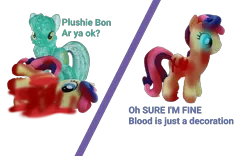 Size: 4000x2500 | Tagged: grimdark, derpibooru import, bon bon, lyra heartstrings, sweetie drops, pony, unicorn, comic:insane filly rarity, duo, duo female, female, glow, glowing eyes, image, irl, irl toy, looking at you, mare, photo, png, simple background, text, toy, transparent background, you don't say