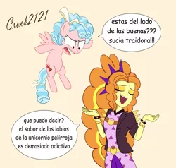 Size: 1280x1216 | Tagged: safe, artist:crock2121, derpibooru import, adagio dazzle, cozy glow, equestria girls, equestria girls series, sunset's backstage pass!, spoiler:eqg series (season 2), clothes, comic, female, image, implied kissing, implied lesbian, implied shipping, implied sunsagio, implied sunset shimmer, jpeg, music festival outfit, simple background, spanish, spiked headband, white background