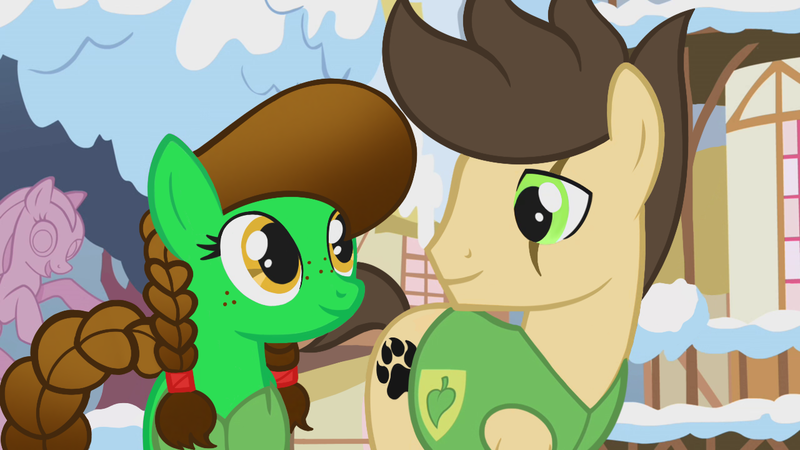 Size: 1280x720 | Tagged: safe, artist:dyonys, derpibooru import, edit, edited screencap, screencap, oc, oc:lucky brush, oc:night chaser, earth pony, pony, winter wrap up, braid, female, freckles, image, male, mare, png, ponyville, scar, stallion, winter wrap up vest