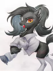 Size: 1522x2048 | Tagged: safe, artist:paipaishuaige, derpibooru import, oc, unofficial characters only, earth pony, pony, clothes, image, jpeg, looking at you, shirt, smiling, traditional art, unshorn fetlocks