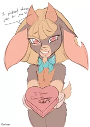 Size: 1462x2064 | Tagged: safe, artist:hyakuen, derpibooru import, goat, semi-anthro, them's fightin' herds, alternate hairstyle, bandana, bipedal, blushing, box of chocolates, cloven hooves, community related, dialogue, female, heart, image, implied paprika, lies, looking at you, loose hair, neckerchief, offering, png, romantic, shanty (tfh), simple background, solo, white background