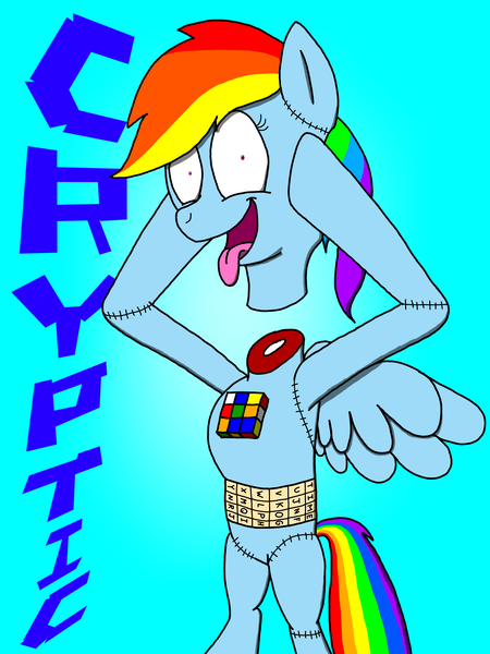 Size: 2250x3000 | Tagged: semi-grimdark, derpibooru import, rainbow dash, pegasus, pony, series:equestria now, decapitated, decapitation, frankenstein's monster, grimderp, headless, ibispaint x, image, png, rubik's cube, rubik's cube dash, shading, silly, silly pony, spread wings, stitches, text, wings