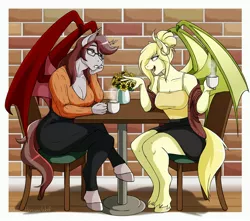 Size: 3400x3000 | Tagged: safe, artist:hasana-chan, derpibooru import, oc, oc:sassy stride, oc:scarlet quill, unofficial characters only, anthro, bat pony, unguligrade anthro, bat pony oc, bat wings, chair, chat, chatting, clothes, coffee, coffee cup, commission, conversation, crossed legs, cup, digital art, ear piercing, earring, fangs, female, flower, friends, gift art, glasses, image, jewelry, jpeg, milf, piercing, sitting, slit pupils, smiling, table, wings