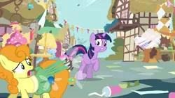 Size: 1920x1080 | Tagged: safe, derpibooru import, screencap, carrot top, golden harvest, twilight sparkle, earth pony, parasprite, unicorn, swarm of the century, image, out of context, png, ponyville
