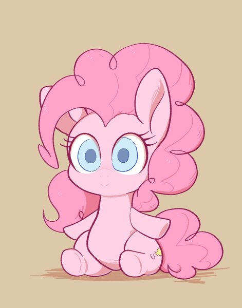Size: 1558x1985 | Tagged: safe, artist:noupu, derpibooru import, pinkie pie, earth pony, pony, brown background, chibi, colored pupils, cute, diapinkes, female, image, jpeg, looking at you, mare, simple background, sitting, smiling, smiling at you, solo, underhoof