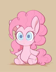 Size: 1558x1985 | Tagged: safe, artist:noupu, derpibooru import, pinkie pie, earth pony, pony, brown background, chibi, colored pupils, cute, diapinkes, female, image, jpeg, looking at you, mare, simple background, sitting, smiling, smiling at you, solo, underhoof