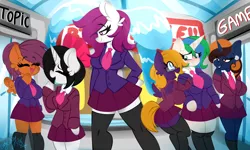 Size: 1920x1153 | Tagged: safe, artist:ladylullabystar, derpibooru import, oc, oc:marco, oc:purple creativity, unofficial characters only, anthro, arm hooves, clothes, image, jpeg, rule 63, school uniform, zettai ryouiki