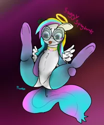 Size: 2000x2405 | Tagged: safe, artist:pawker, derpibooru import, oc, oc:soggy spaghetti, pegasus, glasses, halo, image, png, raised hoof, spread legs, spreading, swamp cinema, tongue out