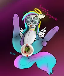 Size: 2000x2405 | Tagged: safe, artist:pawker, derpibooru import, oc, oc:soggy spaghetti, pegasus, food, glasses, halo, image, png, raised hoof, spread wings, swamp cinema, trolling, wings