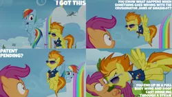 Size: 1280x720 | Tagged: safe, derpibooru import, edit, edited screencap, editor:quoterific, screencap, rainbow dash, scootaloo, spitfire, pegasus, pony, season 8, the washouts (episode), spoiler:s08, crossed hooves, female, filly, flying, foal, image, mare, open mouth, png, sunglasses