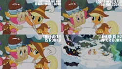 Size: 1280x720 | Tagged: safe, derpibooru import, edit, edited screencap, editor:quoterific, screencap, applejack, chancellor puddinghead, pinkie pie, smart cookie, earth pony, pony, hearth's warming eve (episode), season 2, :o, duo, eyes closed, female, image, mare, open mouth, png, snow