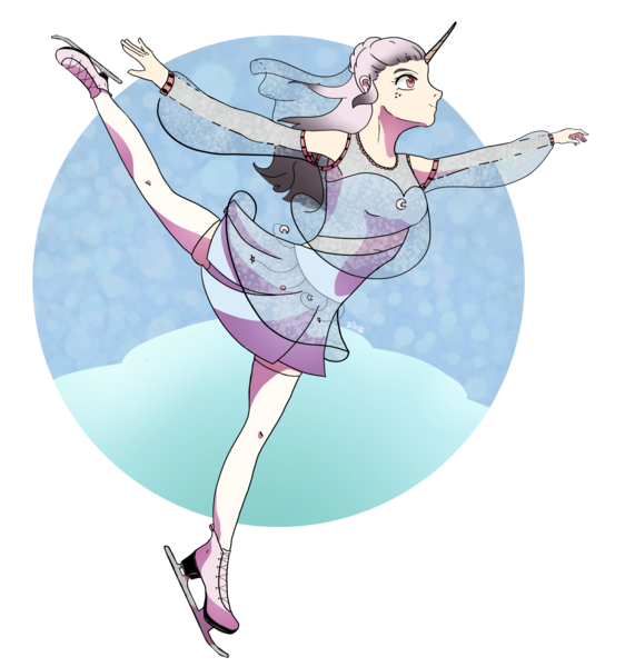 Size: 2370x2531 | Tagged: safe, artist:binidi, derpibooru import, oc, unofficial characters only, human, unicorn, clothes, horn, horned humanization, humanized, ice skates, ice skating, image, png, raised leg, simple background, skirt, solo, transparent background, unicorn oc