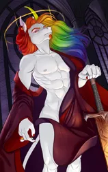 Size: 2400x3800 | Tagged: suggestive, artist:kitten_butler, derpibooru import, oc, oc:kadaus, unofficial characters only, anthro, classical unicorn, unicorn, abs, anthro oc, beard, bipedal, clothes, cloven hooves, commission, curved horn, facial hair, horn, image, interior, jewelry, leonine tail, male, male nipples, multicolored hair, muscles, muscular male, nipples, nudity, partial nudity, png, rainbow hair, ring, solo, solo male, standing, sword, tail, unicorn oc, unshorn fetlocks, weapon, ych result