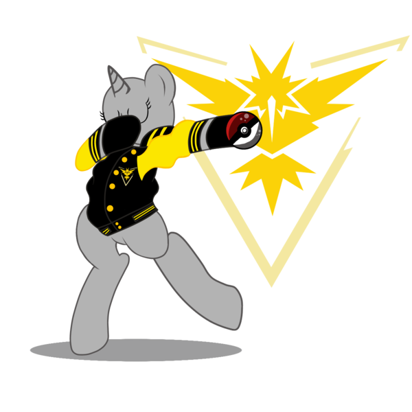 Size: 1200x1200 | Tagged: safe, artist:galeemlightseraphim, derpibooru import, pony, zapdos, bipedal, glow, glowing horn, horn, image, legendary pokémon, magic, png, pokéball, pokémon, simple background, telekinesis, transparent background