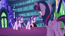 Size: 1920x1080 | Tagged: safe, derpibooru import, screencap, spike, starlight glimmer, twilight sparkle, twilight sparkle (alicorn), alicorn, every little thing she does, image, library, png, similo duplexis, twilight's castle, twilight's castle library