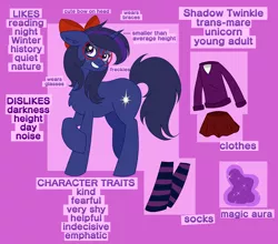 Size: 3456x3048 | Tagged: safe, artist:nightydream, derpibooru import, oc, oc:shadow twinkle, pony, unicorn, bow, female, glasses, hair bow, image, mare, png, reference sheet, solo