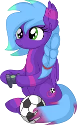 Size: 5030x8095 | Tagged: safe, artist:cyanlightning, derpibooru import, oc, oc:violet aura, unofficial characters only, pegasus, pony, .svg available, absurd resolution, braid, coat markings, controller, ear fluff, female, football, green eyes, hoof hold, hooves, image, mare, pegasus oc, png, simple background, sitting, smiling, solo, sports, transparent background, vector, wings