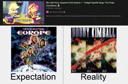 Size: 1395x918 | Tagged: safe, derpibooru import, applejack, sunset shimmer, album cover, bobby kimball, caption, europe, expectation vs reality, image, image macro, meme, obscure reference, png, pun, text, youtube thumbnail