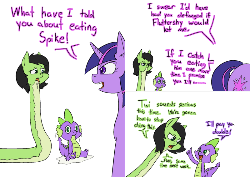 Size: 2000x1414 | Tagged: safe, artist:happy harvey, derpibooru import, spike, twilight sparkle, oc, oc:anonfilly, dragon, original species, pony, snake, snake pony, unicorn, angry, comic, cutie mark, dialogue, drawn on phone, drool, ear fluff, female, filly, image, implied vore, open mouth, png, post-vore, rescue, sick, simple background, sitting, species swap, stomach acid, thousand yard stare, tongue out, transparent background, yelling