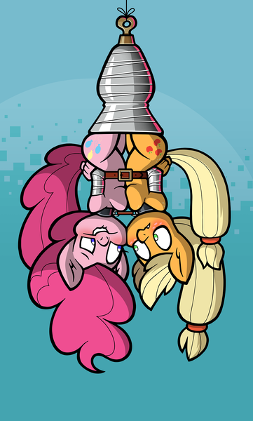 Size: 1429x2373 | Tagged: questionable, artist:toonbat, derpibooru import, part of a set, applejack, pinkie pie, anthro, applepie, applesub, arm behind back, belt, blushing, bondage, bound together, breast squish, breasts, busty applejack, busty pinkie pie, collar, female, femsub, hanging, hanging upside down, image, lesbian, linked collars, mummification, nonconsensual, pinkiesub, png, shipping, submissive, symmetrical docking, tape, tape bondage, toonbat's wrapped pony collection, upside down, varying degrees of want