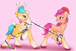 Size: 1280x858 | Tagged: safe, artist:itssim, derpibooru import, hitch trailblazer, sunny starscout, earth pony, pony, my little pony: a new generation, antlers, blushing, christmas, christmas lights, duo, female, femdom, g5, hat, holiday, image, itssim is trying to murder us, jpeg, looking at each other, looking at someone, love, male, mare, pink background, red nosed, santa hat, shipping, simple background, smiling, stallion, straight, sunnyhitch, tied up, unshorn fetlocks
