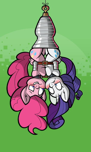 Size: 1429x2373 | Tagged: questionable, artist:toonbat, derpibooru import, part of a set, pinkie pie, rarity, anthro, arm behind back, belt, blushing, bound together, breast squish, breasts, busty pinkie pie, busty rarity, cheek to cheek, collar, female, hanging, hanging upside down, image, lesbian, linked collars, mummification, nonconsensual, png, raripie, shipping, symmetrical docking, toonbat's wrapped pony collection, upside down, varying degrees of want