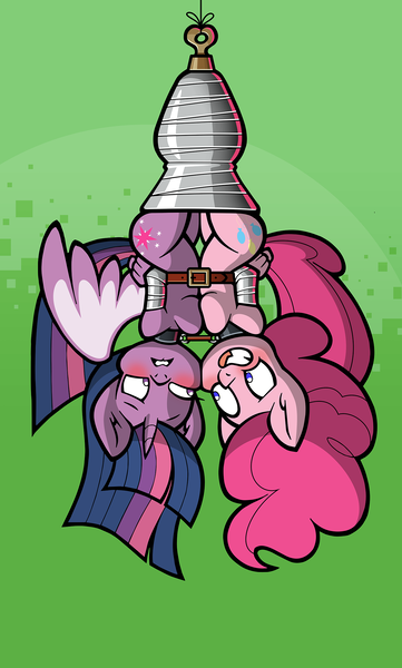 Size: 1429x2373 | Tagged: questionable, artist:toonbat, derpibooru import, part of a set, pinkie pie, twilight sparkle, anthro, arm behind back, belt, blushing, bondage, bound together, breast squish, breasts, busty pinkie pie, busty twilight sparkle, cheek to cheek, collar, female, hanging, hanging upside down, image, lesbian, linked collars, nonconsensual, png, shipping, symmetrical docking, tape, tape bondage, toonbat's wrapped pony collection, twinkie, upside down, varying degrees of want
