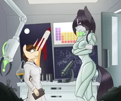 Size: 5858x4884 | Tagged: suggestive, artist:tenenbris, derpibooru import, oc, unofficial characters only, anthro, bodysuit, clothes, image, lab coat, laboratory, microscope, png, rocket, test tube
