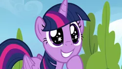Size: 1280x720 | Tagged: safe, derpibooru import, screencap, twilight sparkle, twilight sparkle (alicorn), alicorn, pony, season 6, top bolt, cute, excited, female, folded wings, grin, hoof on chin, horn, image, mare, multicolored mane, multicolored tail, png, purple eyes, smiling, solo, starry eyes, tail, twiabetes, wingding eyes, wings