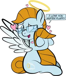 Size: 1280x1459 | Tagged: safe, artist:alexdti, derpibooru import, oc, oc:aqua lux, unofficial characters only, pony, dialogue, floating heart, glasses, halo, heart, hooves, hug, image, male, open mouth, open smile, png, shoulder angel, simple background, smiling, solo, speech bubble, spread wings, squishy cheeks, tail, tail hug, tail pull, transparent background, wings